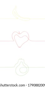 One line illustration of fruits. Apple, Banana and Pear. Сontinuous line style. Simple contour drawing. Graphics background. Geometric shapes. One line picture.