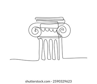 One line illustration of an Ionic column with intricate spiral details and a classic architectural structure. The continuous line art style emphasizes simplicity and elegance. Vector illustration.