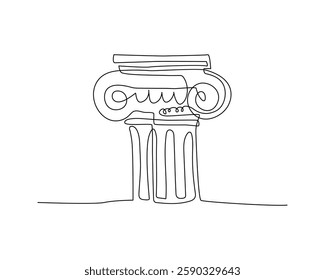 One line illustration of an Ionic column with intricate spiral details and a classic architectural structure. The continuous line art style emphasizes simplicity and elegance. Vector illustration.