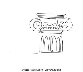 One line illustration of an Ionic column with intricate spiral details and a classic architectural structure. The continuous line art style emphasizes simplicity and elegance. Vector illustration.