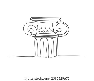 One line illustration of an Ionic column with intricate spiral details and a classic architectural structure. The continuous line art style emphasizes simplicity and elegance. Vector illustration.