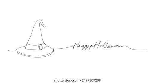One line illustration, outline of witch hat, happy halloween. Vector 