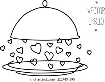 one line illustration of romantic dinner, dish and hearts, happy valentine's day