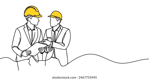 One line illustration of two male architects, engineers or contractors talking about a project