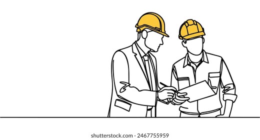 One line illustration of two male architects, engineers or contractors talking about a project