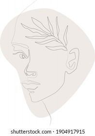 One line illustration woman with leaf. Simple vector portrait. Modern minimalistic portrait line art. Minimalistic illustration for printing, t-shirt, posters, cards