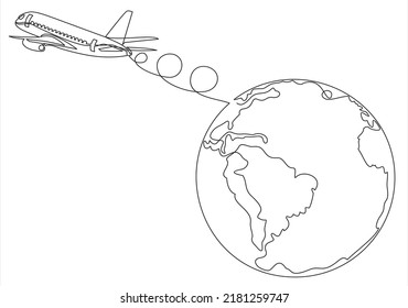 One line illustration. world airlines. Airplane around globe, worldwide plane travels and flights all over earth doodle vector