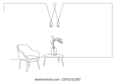 One line interior with armchair, plant in vase on table, lamp. Single line drawing of Living room with modern furniture. Continuous line Hand draw contour. Bulb, flower in pot. Editable stroke vector