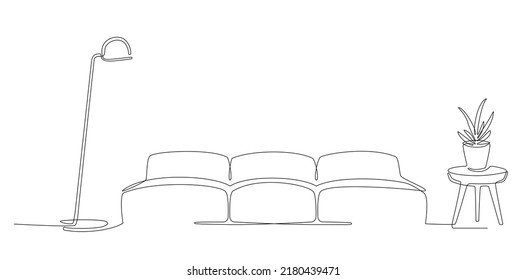 Interior de una línea con sofá, planta y lámpara de piso. Dibujo de una sola línea de la sala de estar con mobiliario moderno. contorno continuo de tracción de la mano. Bombilla, flor en olla. Trazo editable. Vector Doodle