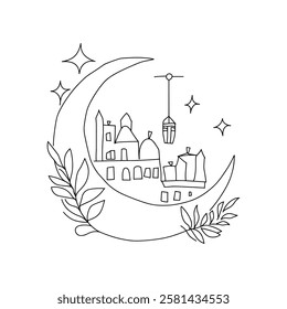  One Line Islamic Art | Crescent Moon, Mosque  Lantern Drawing
