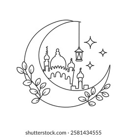  One Line Islamic Art | Crescent Moon, Mosque  Lantern Drawing