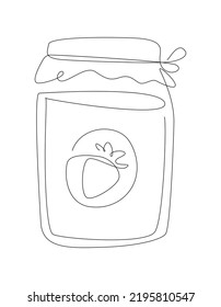 One line jar with a strawberry jam. line art Glass with a homemade marmalade. outline illustration.