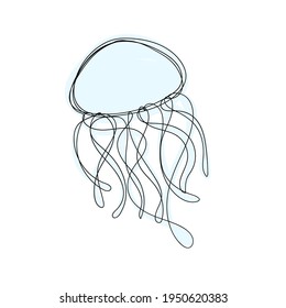 One line jellyfish with blue color. for decoration design. Minimalist style. Elegant decoration. One line continuous drawing.