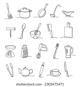 One line kitchen tools. Minimalistic cooking equipment continued lines, chefs utensil and culinary gear vector set. Cutlery as fork, spoon and knife. Kitchenware as frying pan, rolling pin