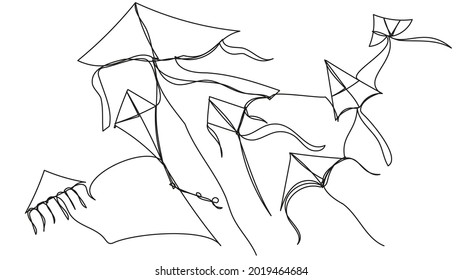 One line kites on a white background. Stock illustration with summer children's entertainment.