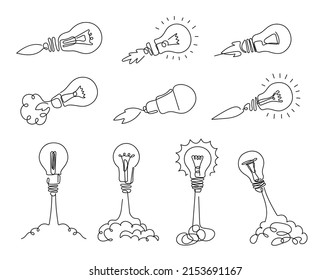 One line lamp rocket. Idea launch, bulb rockets and start smart idea concept vector illustration set. Starting new business project, innovation. Light bulb taking off to outer space