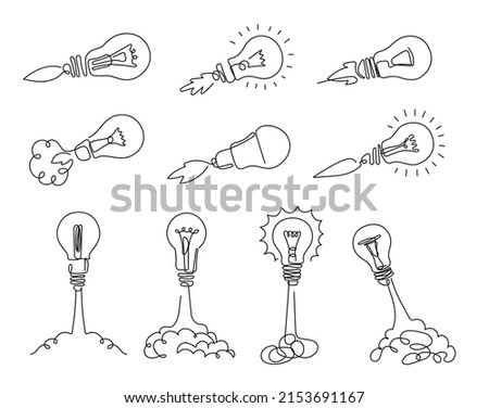 One line lamp rocket. Idea launch, bulb rockets and start smart idea concept vector illustration set. Starting new business project, innovation. Light bulb taking off to outer space