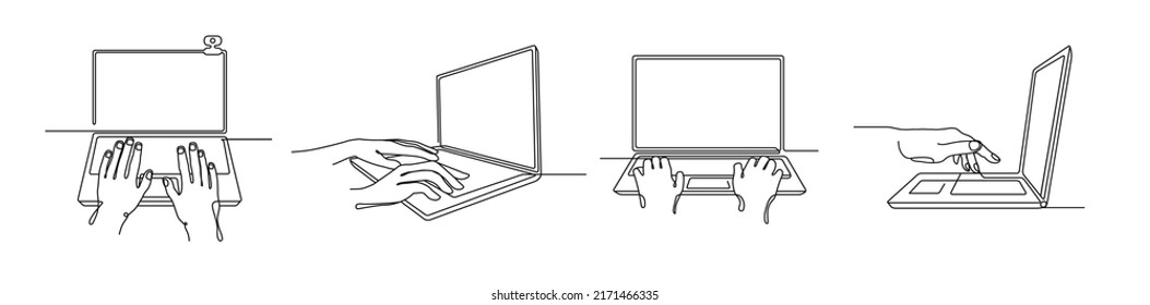 One line laptop and hands  People typing notebook computer keyboard  internet communication   online working illustration vector set laptop drawing to use internet  computer line continuous
