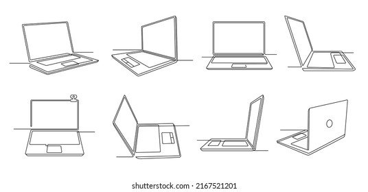 One line laptop. Notebook computer gadget with empty screen, keyboard and touchpad. Continues line open laptops vector Illustration set of computer laptop, monitor isolated continuous line