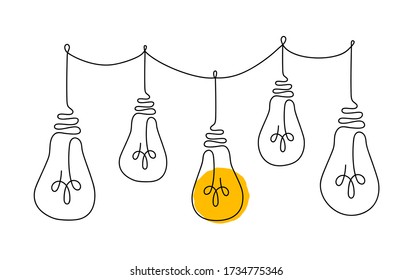 One line light bulbs. Continuous hand drawing linear icon sketch,  symbol business idea design, brainstorm inspiration concept. Vector illustration