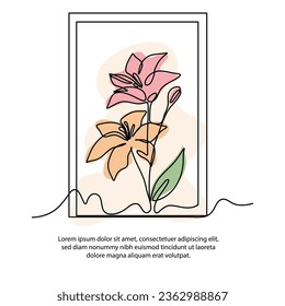 Dibujo de afiches de flores de lirio de una línea con un hermoso marco. Resumen de decoración minimalista de paredes de línea continua.