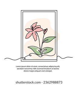 One line lily flower poster drawing with a beautiful frame. Abstract minimal continuous line wall decor.