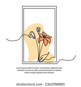 One line lily flower poster drawing with a beautiful frame. Abstract minimal continuous line wall decor.