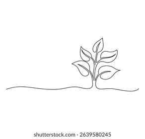 One Line Linear Outline Plants Leaf Vector Image, Continuous Line Eco Plant Growth Vector Image, Minimalist Line Art Linear Plant Growth Ecology Vector image.