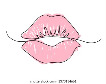 One Line Lips Isolated On White. Female Pink Lipstick Kiss.