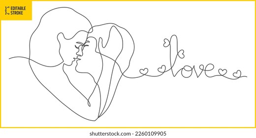 One line love drawing. Editable stroke continuous line. Vector illustration of love concept. Valentines Day. Line thickness can be changed.