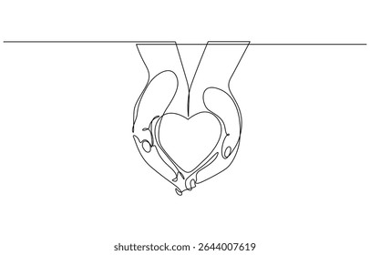 One line love symbol. Hand holding a piece of heart, vector illustration. Good for valentine's day, Human arm holding two hearts line continuous drawn. continuous line drawing. Hand hold two hearts.