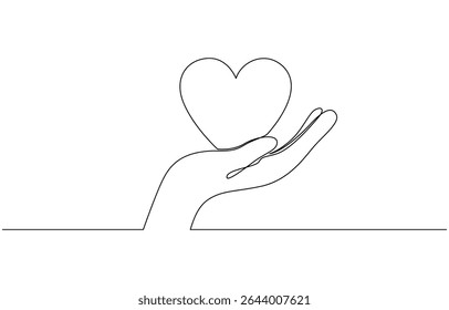 Símbolo de amor de uma linha. Mão segurando um pedaço de coração, ilustração vetorial. Bom para o dia dos namorados, braço humano segurando dois corações linha contínua desenhada. desenho de linha contínua. Mão segure dois corações.