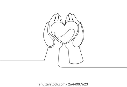 One line love symbol. Hand holding a piece of heart, vector illustration. Good for valentine's day, Human arm holding two hearts line continuous drawn. continuous line drawing. Hand hold two hearts.