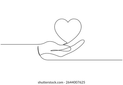 One line love symbol. Hand holding a piece of heart, vector illustration. Good for valentine's day, Human arm holding two hearts line continuous drawn. continuous line drawing. Hand hold two hearts.