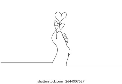 One line love symbol. Hand holding a piece of heart, vector illustration. Good for valentine's day, Human arm holding two hearts line continuous drawn. continuous line drawing. Hand hold two hearts.