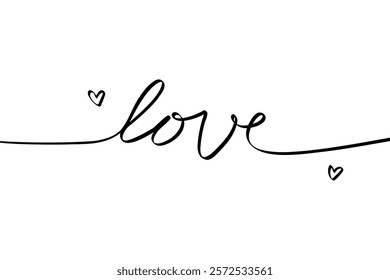 One line love text. Continuous line romantic heart shapes with lettering, modern minimalist black graphic for valentine day greeting card. Vector illustration.