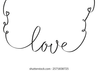 One line love word drawing. Continuous fine line lettering and hearts, minimalist romantic calligraphy text for valentines day greeting card, wedding invitation. Vector illustration