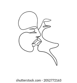 One line lovers drawing. Outline kiss art, abstract doodle two faces, man woman couple minimal vector illustration