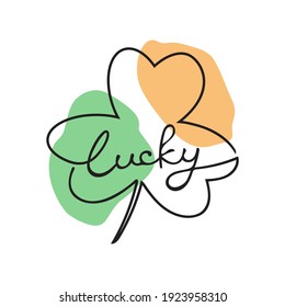One line lucky lettering. Clover leaf continuous line. Creative composition in modern abstract style with green orange geometric elements. St. Patricks (St. Paddys) Day vector design.