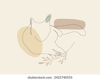 One line lying cat vector illustration with abstract shapes and plant branch, leaves beige colors