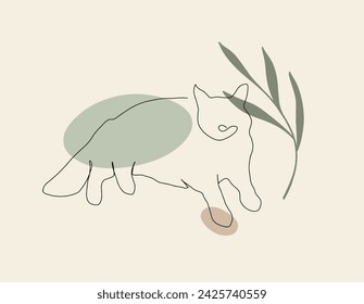 One line lying cat vector illustration with abstract shapes and plant branch, leaves beige colors