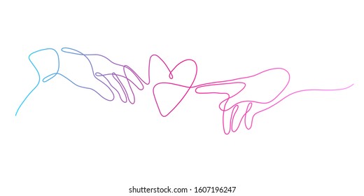 One line male and female hand are drawn to the heart design silhouette. Valentine's Day. Love. Romance. Hand drawn minimalism style vector illustration.