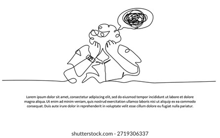 Una línea de un hombre que experimenta depresión mental. Línea Abstractas mínima aislada sobre fondo blanco.