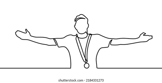 One line man holding medal of winner symbol. Award and reward continuous hand drawn sketch vector illustration with simplicity design. Man celebrating his win. Footballer won the medal.Proud sportsman