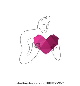 One line man holding triangle shape heart. Valentines day banner, placard, postcard design template. Vector illustration.