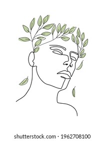 One line a man with olive crown fashion portrait. Minimal design, freehand composition, modern abstract style. Ancient god. Trendy design for print, card, posters.