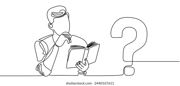 One line man reading a book and question sign. 