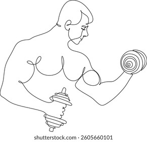 One line man standing with dumbbells training. Sketch power sport fitness trainer man with dumbbells, training outline icon. Drawn without artificial intelligence