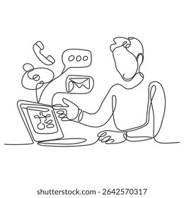 One line man writing and study with help laptop. Continuous one line drawing of a man. Business concept. A man sits on the floor and holding a laptop isolated on a white background. Young businessman.