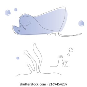 One line manta ray illustration. Sea life cramp fish line art vector. Cute fish outline.
